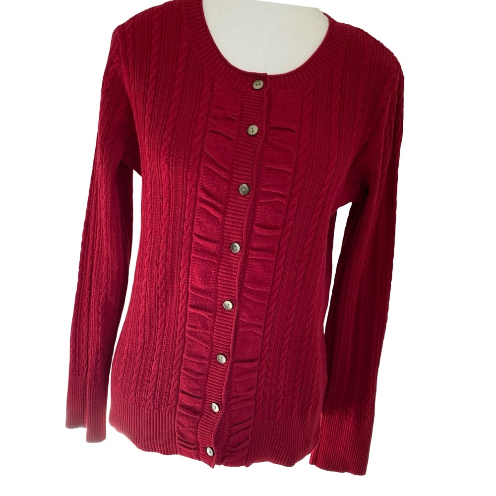 Eddie Bauer Womens Red Cable Knit Button Up Crew Neck Sweater. Sz-M